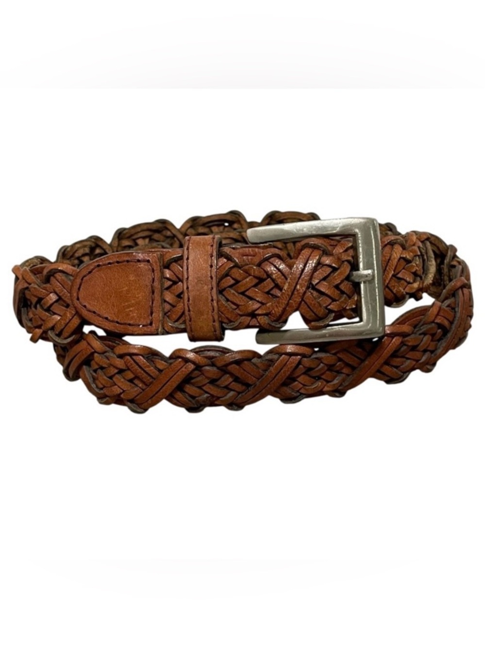 Vintage Amiee Lynn Leather Woven Brown Belt Boho Hippie Brass Buckle Women ML
